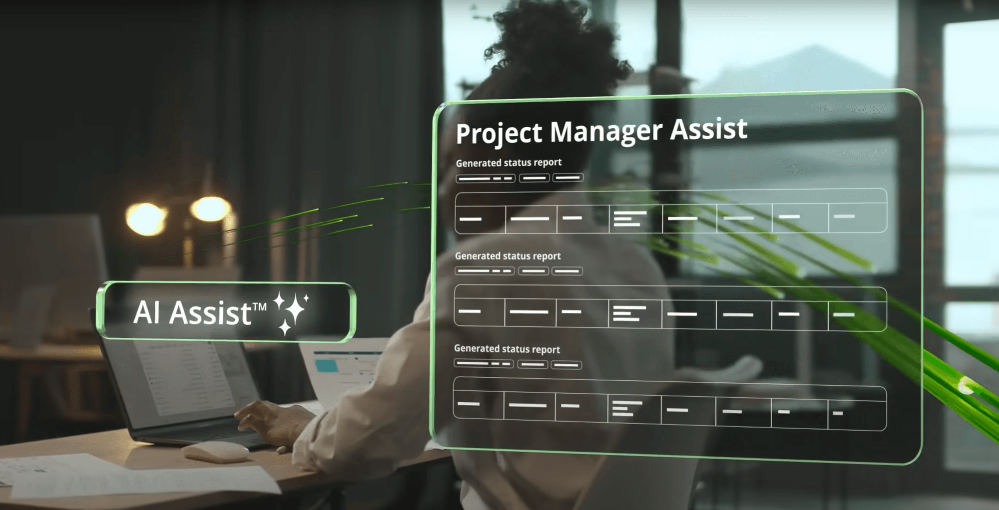 AI Assist Project Manager interface floating over a softly lit workspace